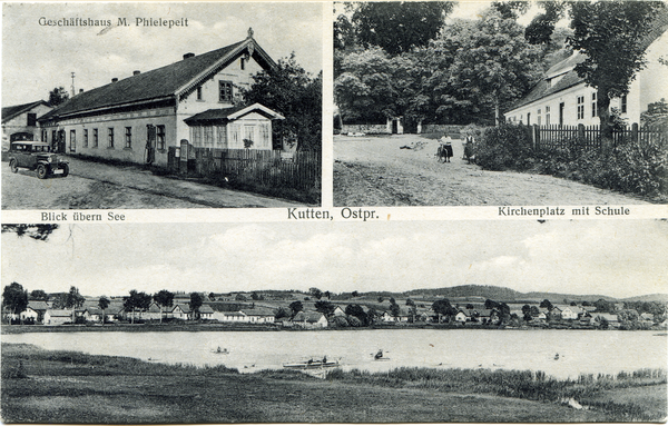 Kutten, Geschäftshaus M. Philepeit, Kirchenplatz mit Schule, Blick übern See