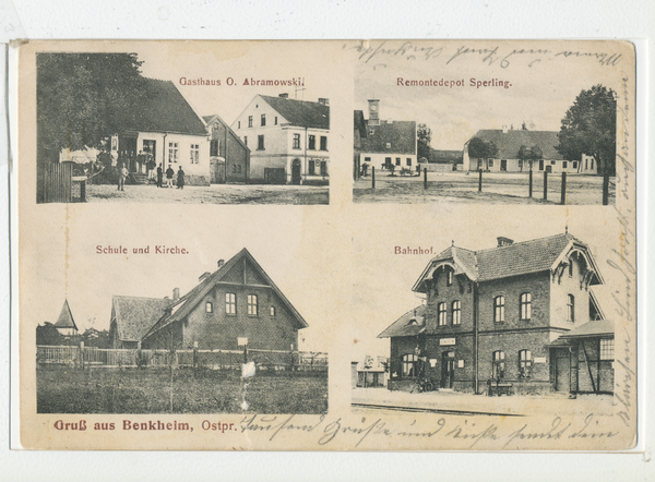 Benkheim, Gasthaus O. Abramowski, Remontedepot Sperling, Schule und Kirche, Bahnhof