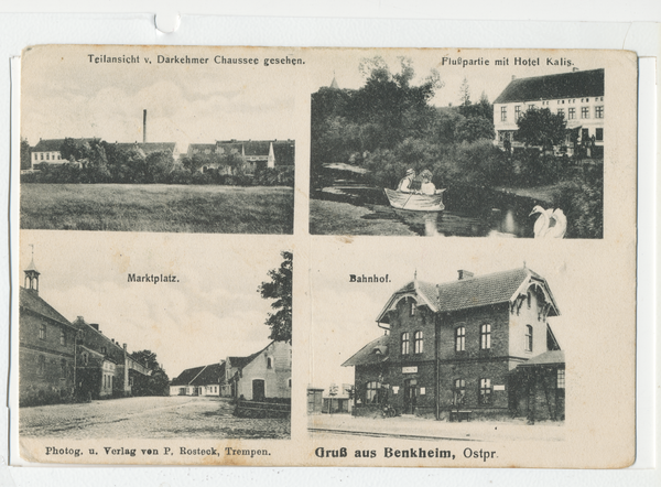 Benkheim, Ortsansicht von Darkehmer Chaussee aus, Flusspartie mit Hotel Kalis, Markt, Bahnhof