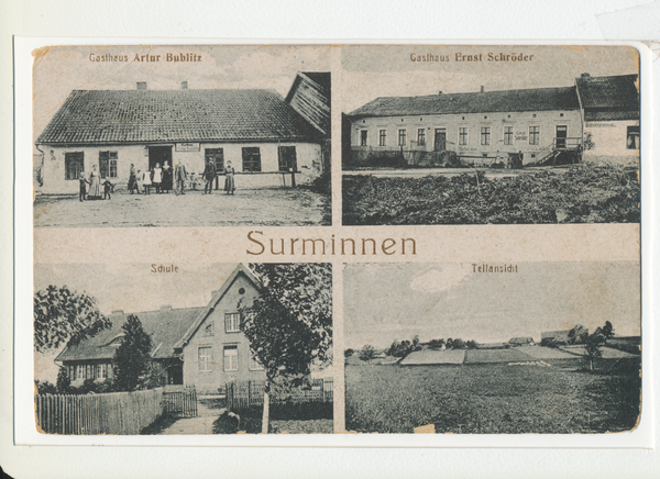 Surminnen, Ortsansicht, Gasthaus Ernst Schröder, Gasthaus Artur Bublitz, Schule