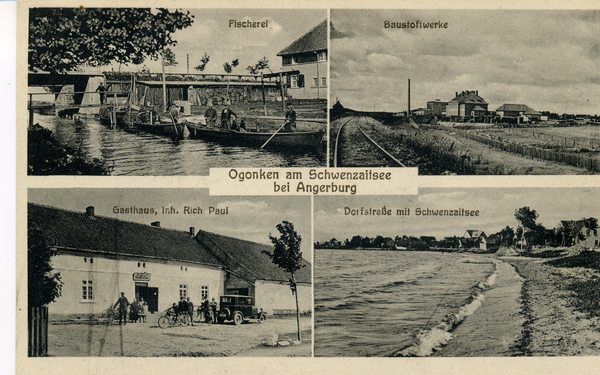 Ogonken, Fischerei, Baustoffwerke, Gasthaus Rich. Paul, Dorfstraße mit Schwenzaitsee