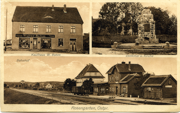 Rosengarten Kr. Angerburg, Ort und Bahnstation, Kaufhaus W. Bohm, Denkmal und Kirche, Bahnhof