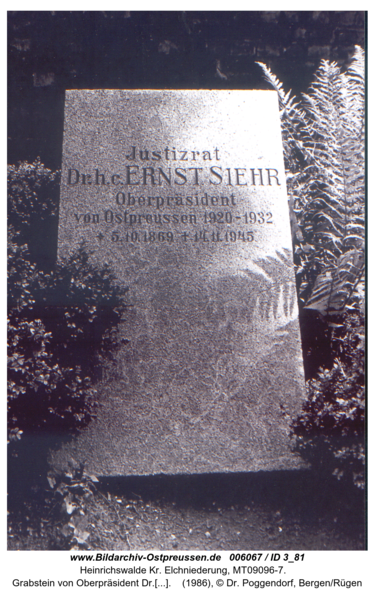 Heinrichswalde, Grabstein von Oberpräsident Dr.Ernst Siehr *5.10.1869 in Heinrichswalde