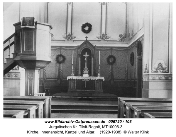 Jurgaitschen Kr. Tilsit-Ragnit, Kirche, Innenansicht, Kanzel und Altar