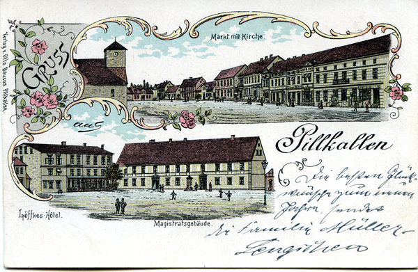Pillkallen, Kreisstadt, Markt mit Kirche, Löffkes Hotel, Magistratsgebäude (Zeichnungen)