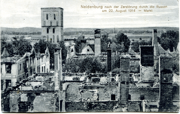 Neidenburg, Markt nach der Zerstörung durch die Russen am 22. August 1914