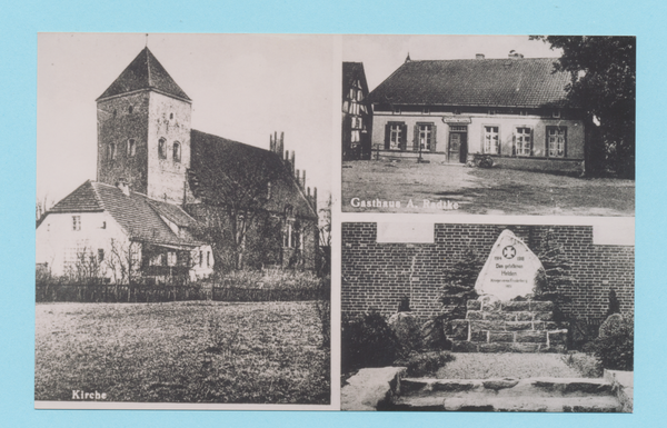 Friedenberg, Kirche, Gasthaus A. Radke und Kriegerdenkmal