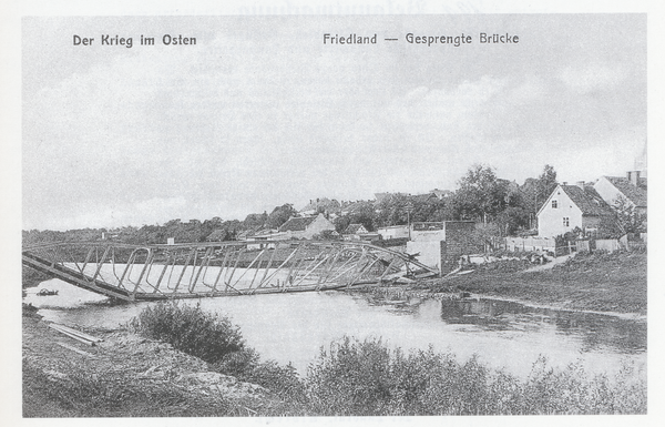 Friedland (Ostpr.),  Im Jahr 1914 gesprengte Allebrücke