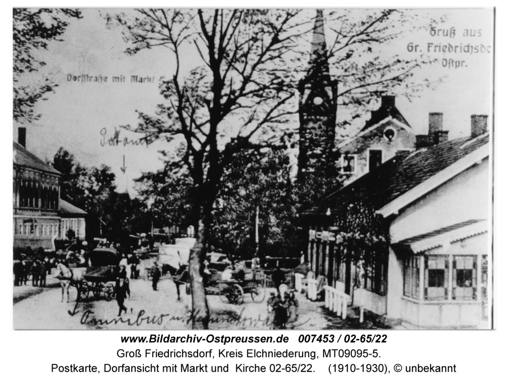 Groß Friedrichsdorf, Postkarte, Dorfansicht mit Markt und Kirche 02-65/22