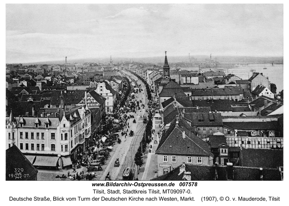 Tilsit, Deutsche Straße, Blick vom Turm der Deutschen Kirche nach Westen, Markt