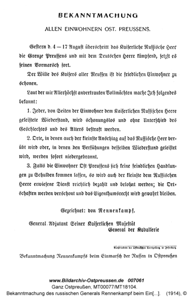 Bekanntmachung des russischen Generals Rennenkampf beim Einmarsch der Russen in Ostpreußen