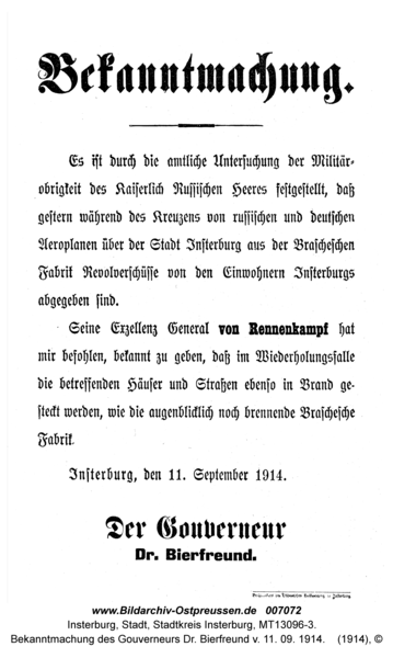 Insterburg, Bekanntmachung des Gouverneurs Dr. Bierfreund v. 11. 09. 1914