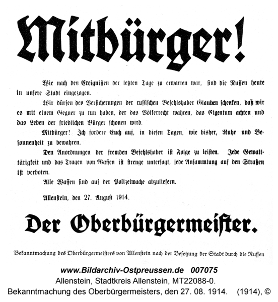 Allenstein, Bekanntmachung des Oberbürgermeisters, den 27. 08. 1914
