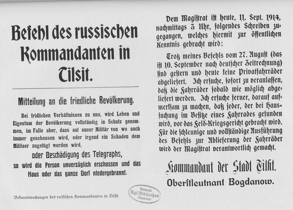 Tilsit, Bekanntmachung des russ. Kommandanten, Oberstleutnant Bogdanow