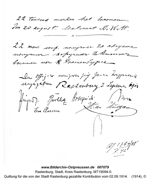 Rastenburg, Quittung für die von der Stadt Rastenburg gezahlte Kontribution vom 02.09.1914