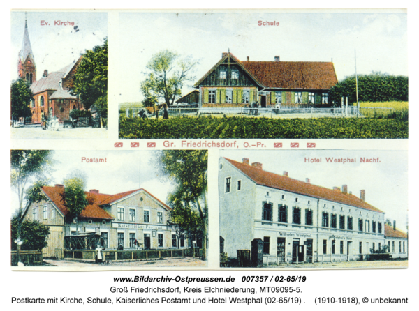 Groß Friedrichsdorf, Postkarte mit Kirche, Schule, Kaiserliches Postamt und Hotel Westphal (02-65/19)