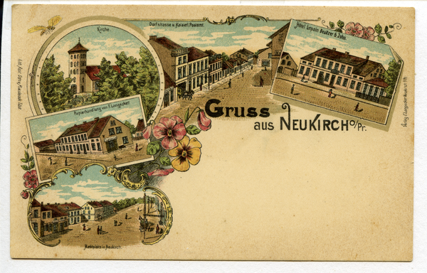 Neukirch, Ev. Kirche, Dorfstraße und Postamt, Hotel Lepsin, Papierhandlung F. Langecker, Markt