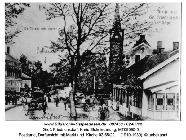 Groß Friedrichsdorf, Postkarte, Dorfansicht mit Markt und Kirche 02-65/22