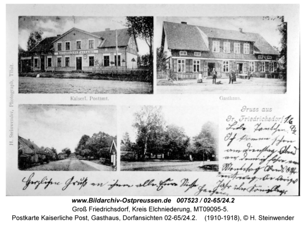 Groß Friedrichsdorf, Postkarte Kaiserliche Post, Gasthaus, Dorfansichten 02-65/24.2