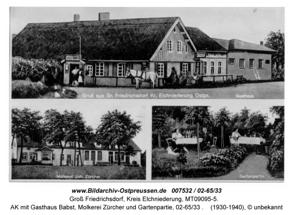 Groß Friedrichsdorf, AK mit Gasthaus Babst, Molkerei Zürcher und Gartenpartie, 02-65/33