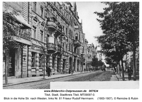 Tilsit, Blick in die Hohe Str. nach Westen, links Nr. 81 Friseur Rudolf Herrmann