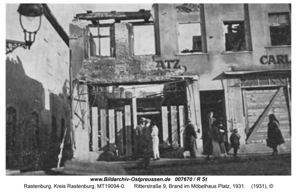 Rastenburg, Ritterstraße 9, Brand im Möbelhaus Platz, 1931