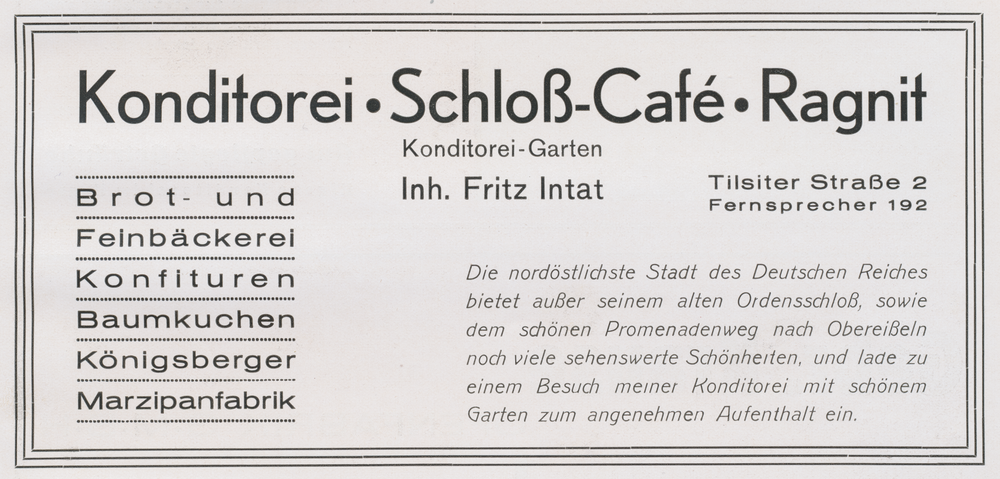 Ragnit, Schloß-Cafe, Konditorei Fritz Intat