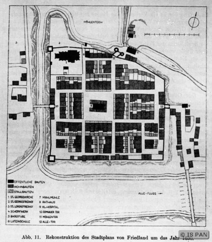 Friedland, Rekonstruktion des Stadtplans von Friedland um das Jahr 1630 nach Witt