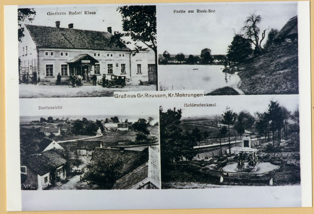 Reußen, Dorfansicht, Partie am Ruske See, Heldendenkmal, Gasthaus Rudolf Kloss