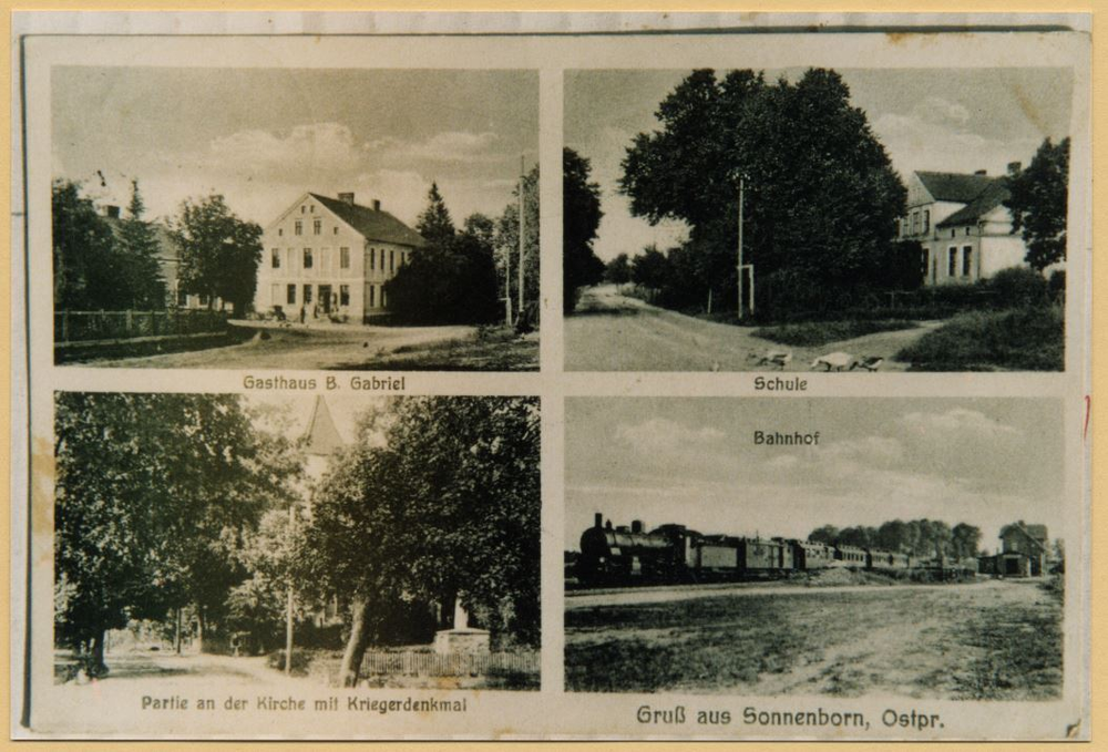 Sonnenborn, Gasthaus B. Gabriel, Schule, Bahnhof, Partie an der Kirche mit Kriegerdenkmal