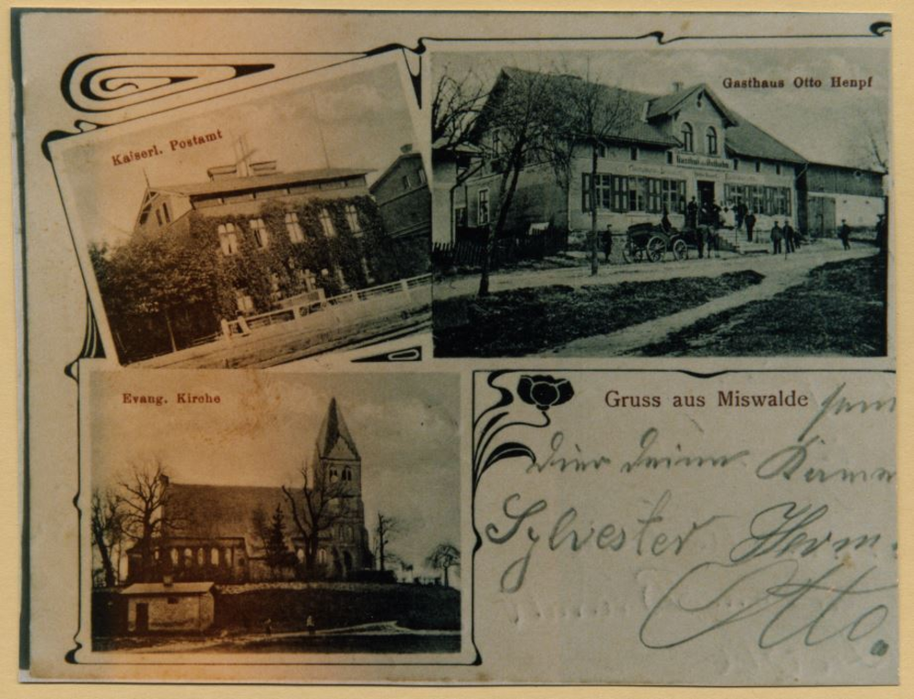 Miswalde, Kaiserliches Postamt, Gasthaus Otto Henpf, Ev. Kirche