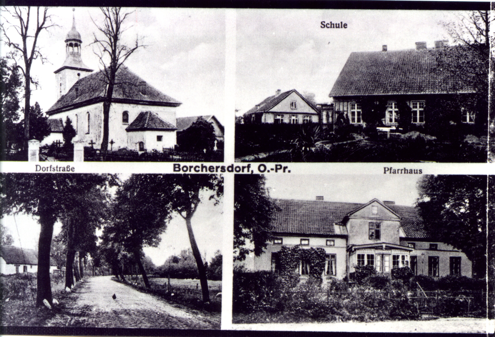 Borchersdorf Kr. Samland, Postkarte; Kirche, Schule, Dorfstraße, Pfarrhaus