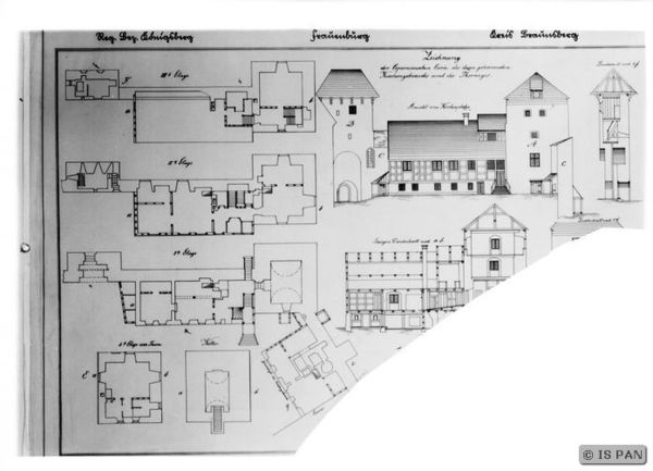 Frauenburg,  Burg des Domstiftes - Westflügel - Grundriss - Seitenrisse und Schnitte (Zeichnung