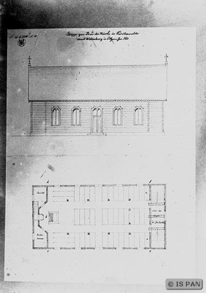 Fürstenwalde, Kr. Ortelsburg, Entwurf zur Ev. Kirche - Grundriss und Seitenansicht