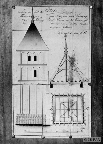 Lamgarben, Ev. Kirche -  Seitenriss vom Westturm und Balkenlage des Dachverbandes