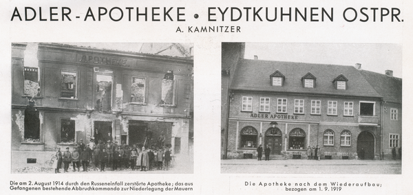 Eydtkuhnen, Adler-Apotheke A. Kamnitzer, zerstört und nach dem Wiederaufbau