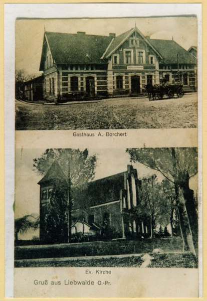 Liebwalde, Gasthaus A. Borchert, Ev. Kirche