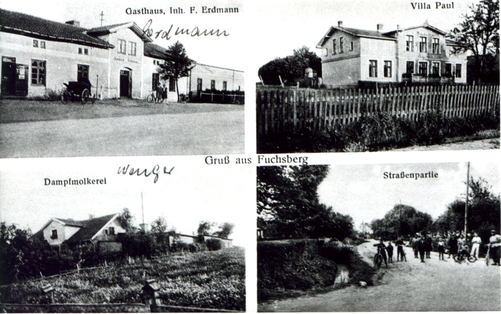 Fuchsberg Kr. Samland, Gem. Fuchsberg, Postkarte, Gasthaus, Villa Paul, Dampfmolkerei, Straßenpartie