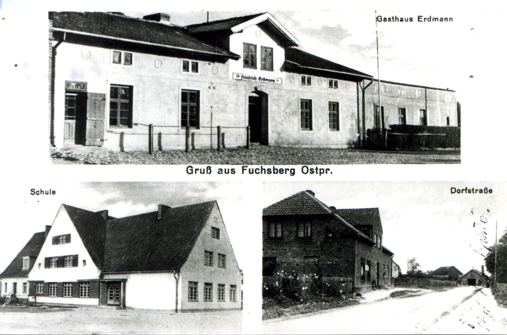 Fuchsberg Kr. Samland, Gem. Fuchsberg, Postkarte, Gasthaus Erdmann, Schule, Dorfstraße