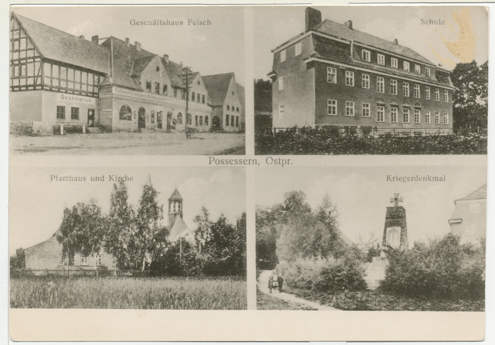 Possessern, Geschäftshaus Fleisch, Schule, Pfarrhaus und Kirche, Kriegerdenkmal