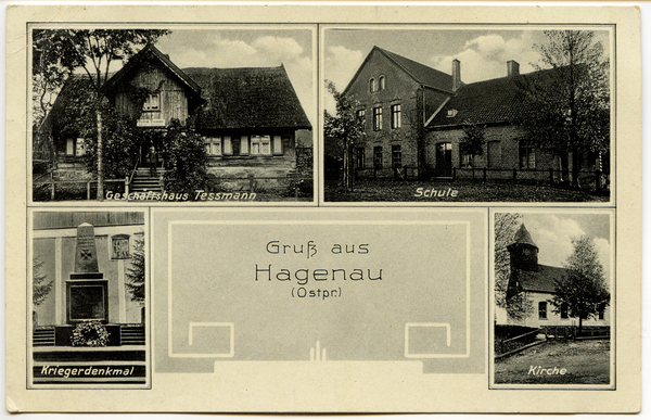 Hagenau, Geschäftshaus Tessmann, Schule, Kriegerdenkmal, Ev. Kirche