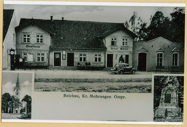 Reichau, Gasthaus A. Schulz, Kirche, Kriegerdenkmal