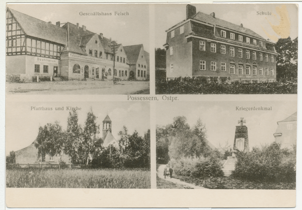 Possessern, Geschäftshaus Fleisch, Schule, Pfarrhaus und Kirche, Kriegerdenkmal