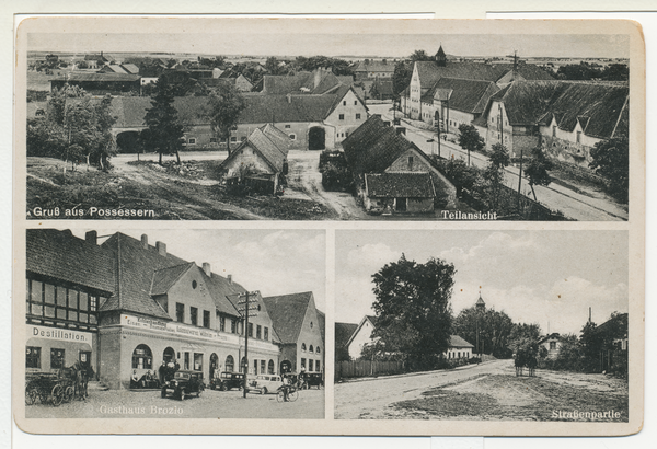 Possessern, Straßenpartie mit Blick auf die Kirche, Teilansicht, Gasthaus Brozio