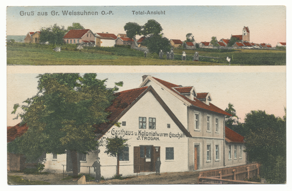 Groß Weissuhnen, Ortsansicht , Gasthaus und Kolonialwarengeschäft J. Trogan