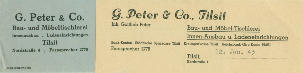 Tilsit, Nordstraße 4, Bau-und Möbeltischlerei G. Peter & Co. - Briefkopf und Umschlag