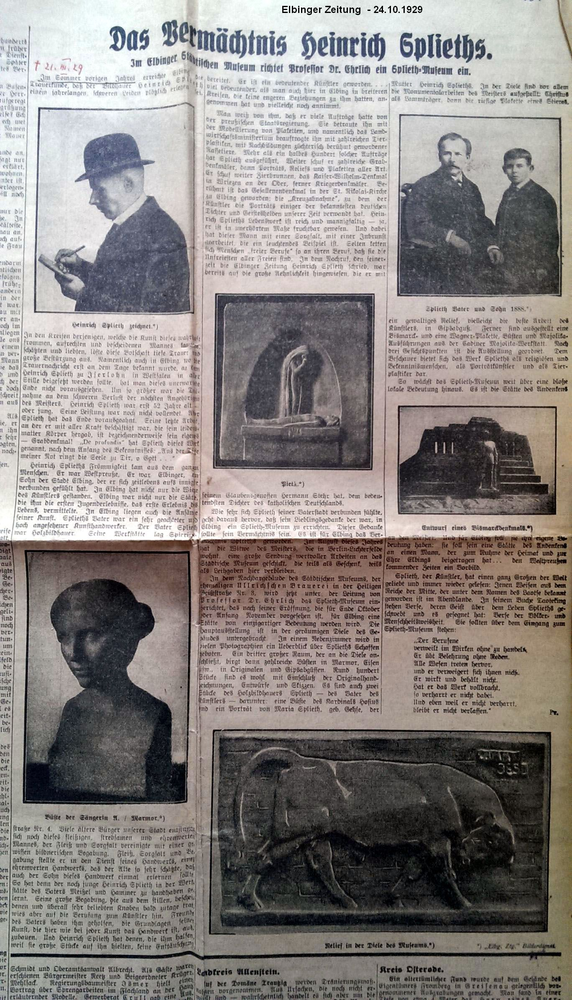 Elbing, Elbinger Zeitung Nachruf 24.10.1929 für den Künstler Heinrich Splieth
