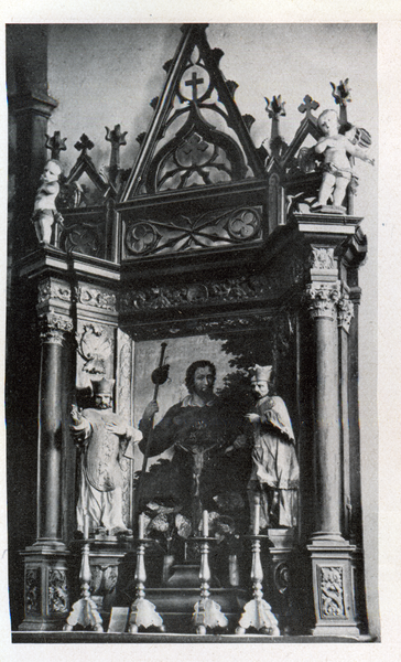 Groß Köllen, Kath. Kirche - Seitenaltar im rechten Kreuzarm, um 1735, Bekrönung wohl von Biereiche-Sohn, um 1830