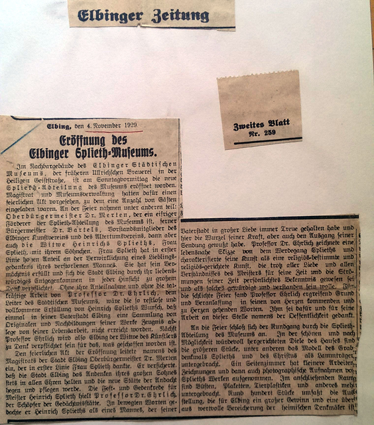 Elbing, Elbinger Zeitung Museumseröffnung für den Künstler Heinrich Splieth