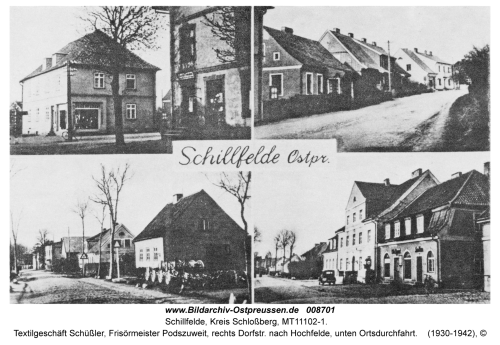 Schillfelde, Textilgeschäft Schüßler, Frisörmeister Podszuweit, rechts Dorfstr. nach Hochfelde, unten Ortsdurchfahrt